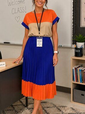 Beulah Colorblock Pleated Midi Dress | Orange Blue & Beige | Size Small